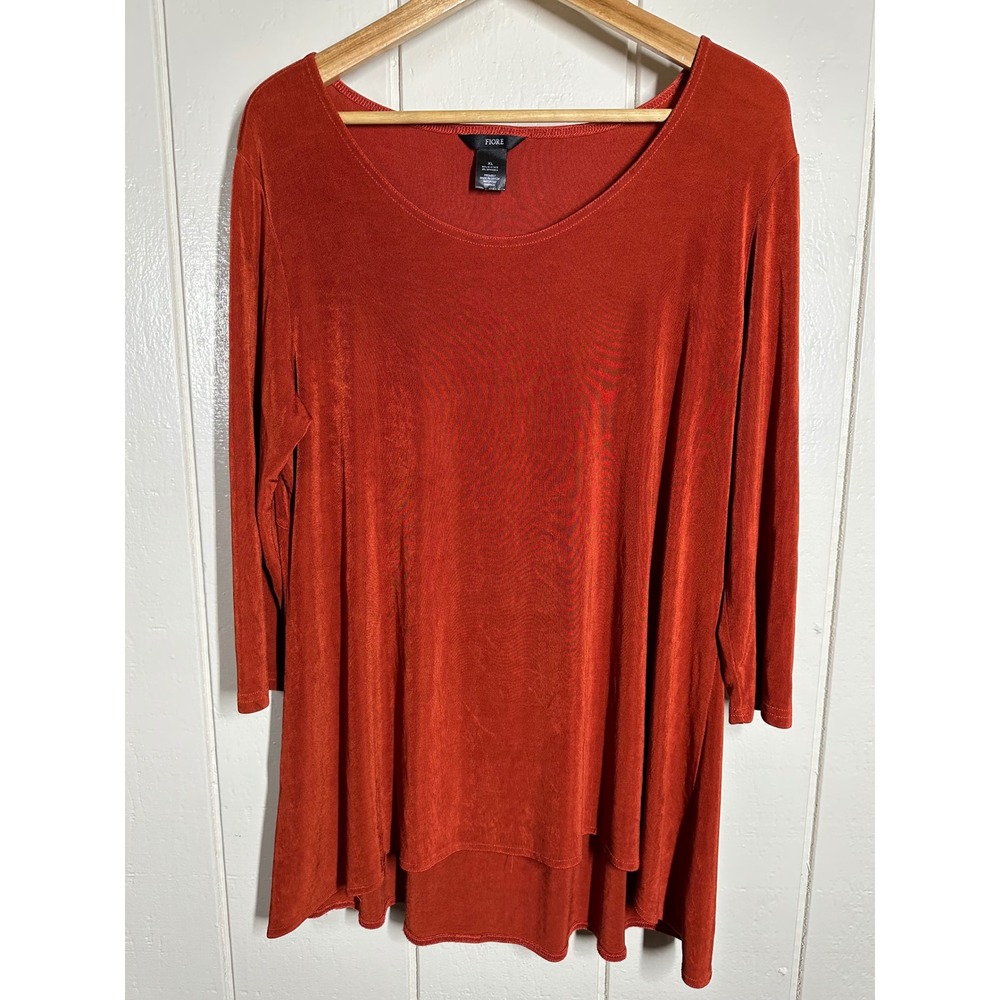 Fiore Tunic Top Women XL Orange Scoop Neck 3/4 Sleeve High Low Empire Waist 7556